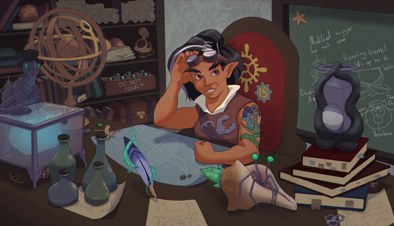 A female gnome sitting at her desk. She is lifting her work goggles to look at the new arrivals. Her familiars, a robotic turtle and a robotic crab, also look curiously. She is working on a schematic of an airship. A magic quill is taking notes. Various mechanical bits and bobs are scattered across the desk.